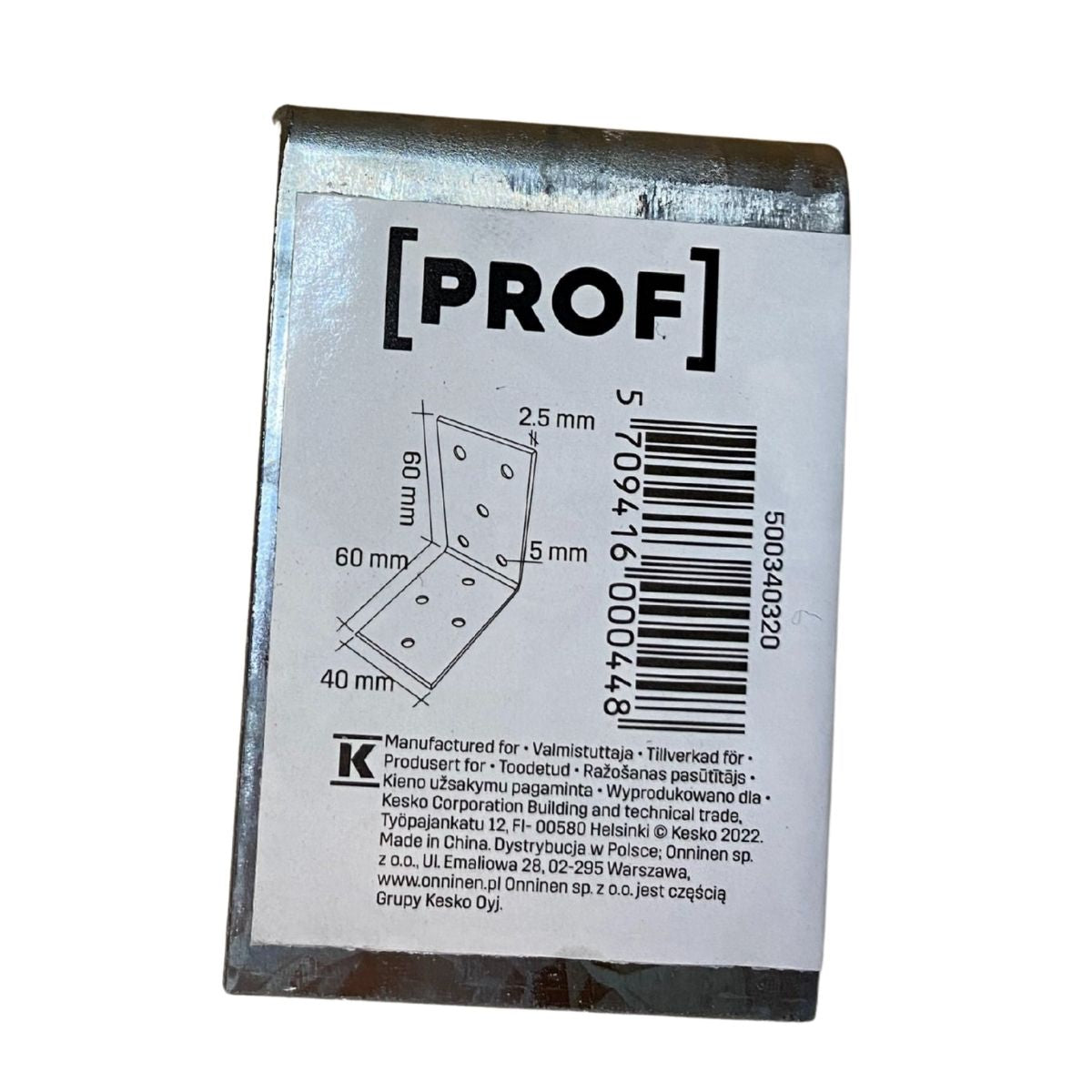 Vinkelbeslag Prof 60x60x2,5x40 mm med produktetikett och måttangivelser