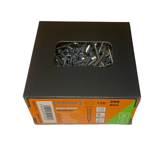 Kartong med träskruv PROF 4x25 mm där skruvarna syns genom öppning i förpackningen