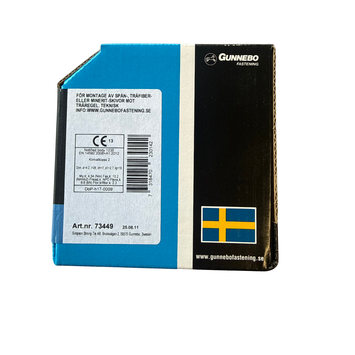Baksida av Gunnebo Spånskiveskruv-förpackning med teknisk information och artikelnummer 73449