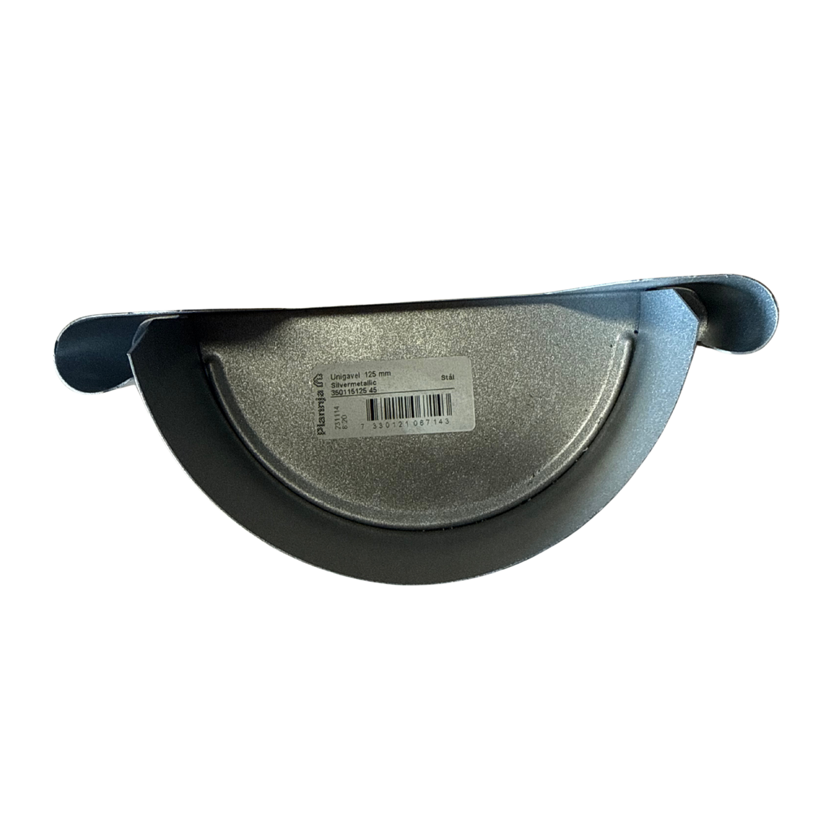 Etikett på ränngavel Unigavel 125 mm silvermetallic med artikelnummer och streckkod
