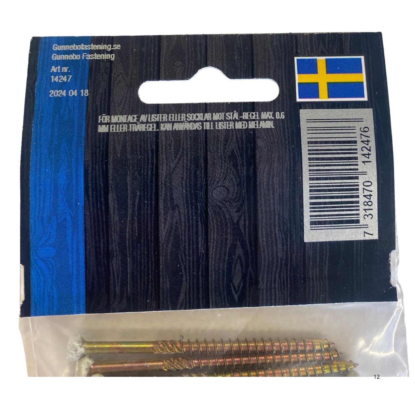 Gunnebo Fastening listskruv vit blisterpaket baksida med användningsinstruktioner och artikelnummer 14247