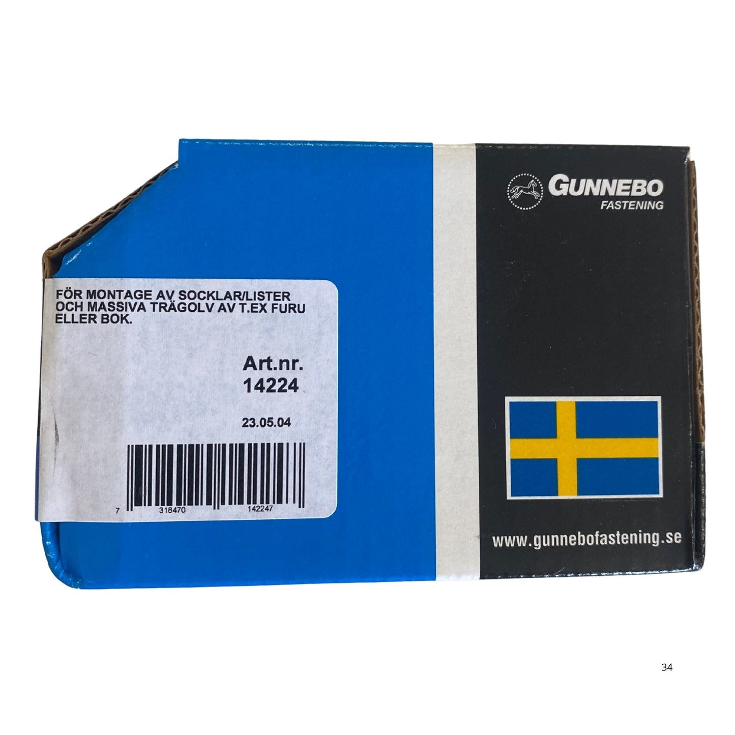 Gunnebo Fastening golv- och sockelskruv förpackning baksida med användningsinstruktioner och artikelnummer 14224
