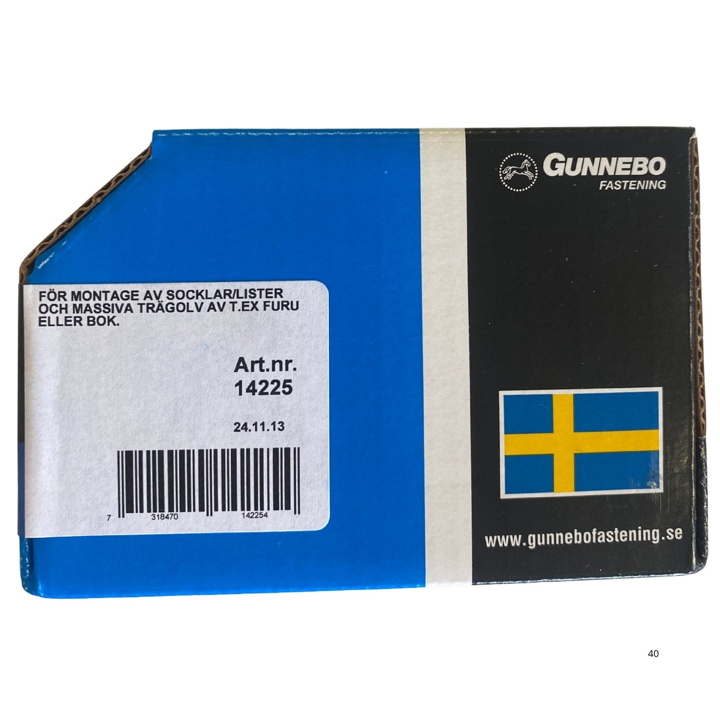 Gunnebo Fastening golv- och sockelskruv förpackning baksida med användningsinstruktioner och artikelnummer 14225