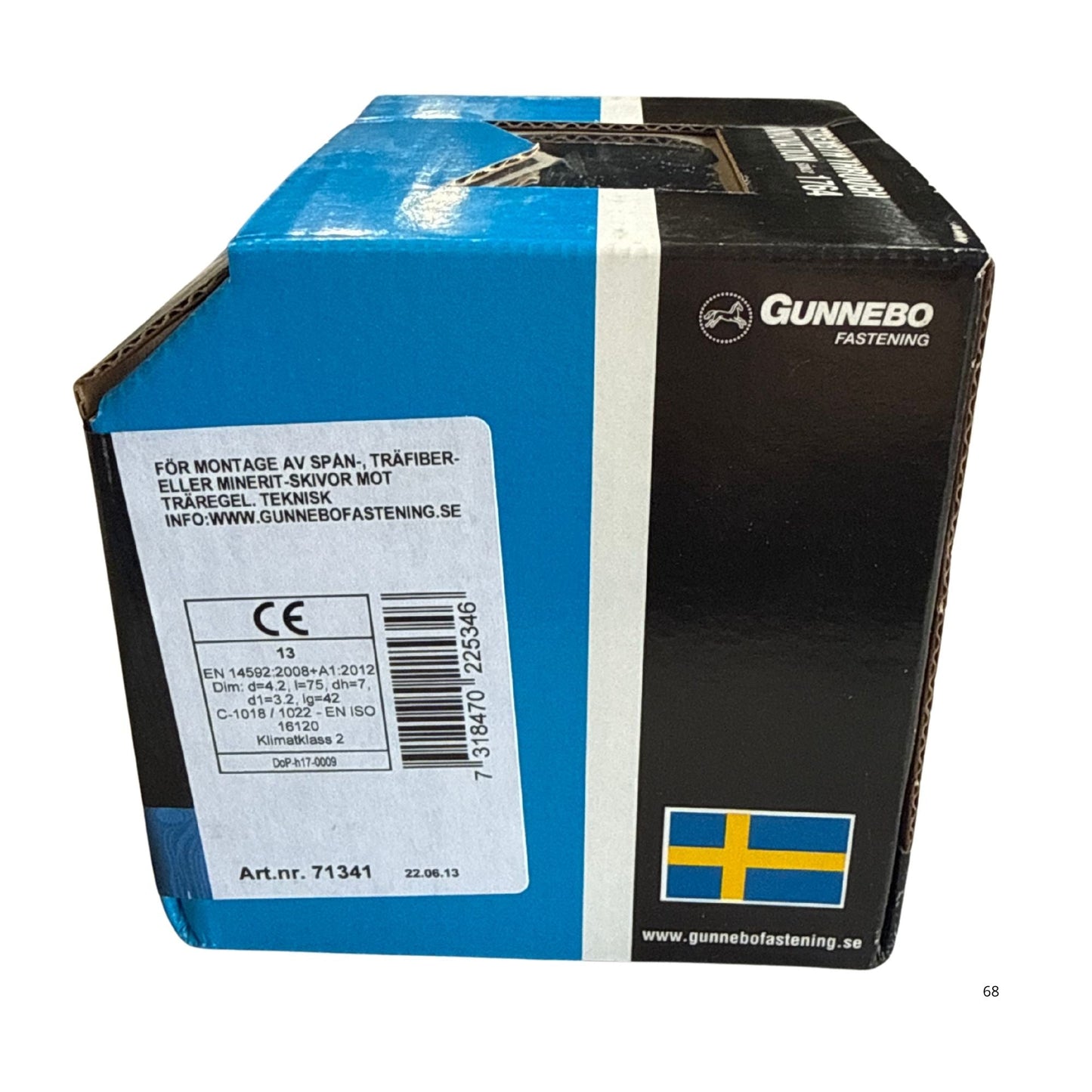 Gunnebo Fastening spånskiveskruv förpackning baksida med tekniska specifikationer och artikelnummer 71341