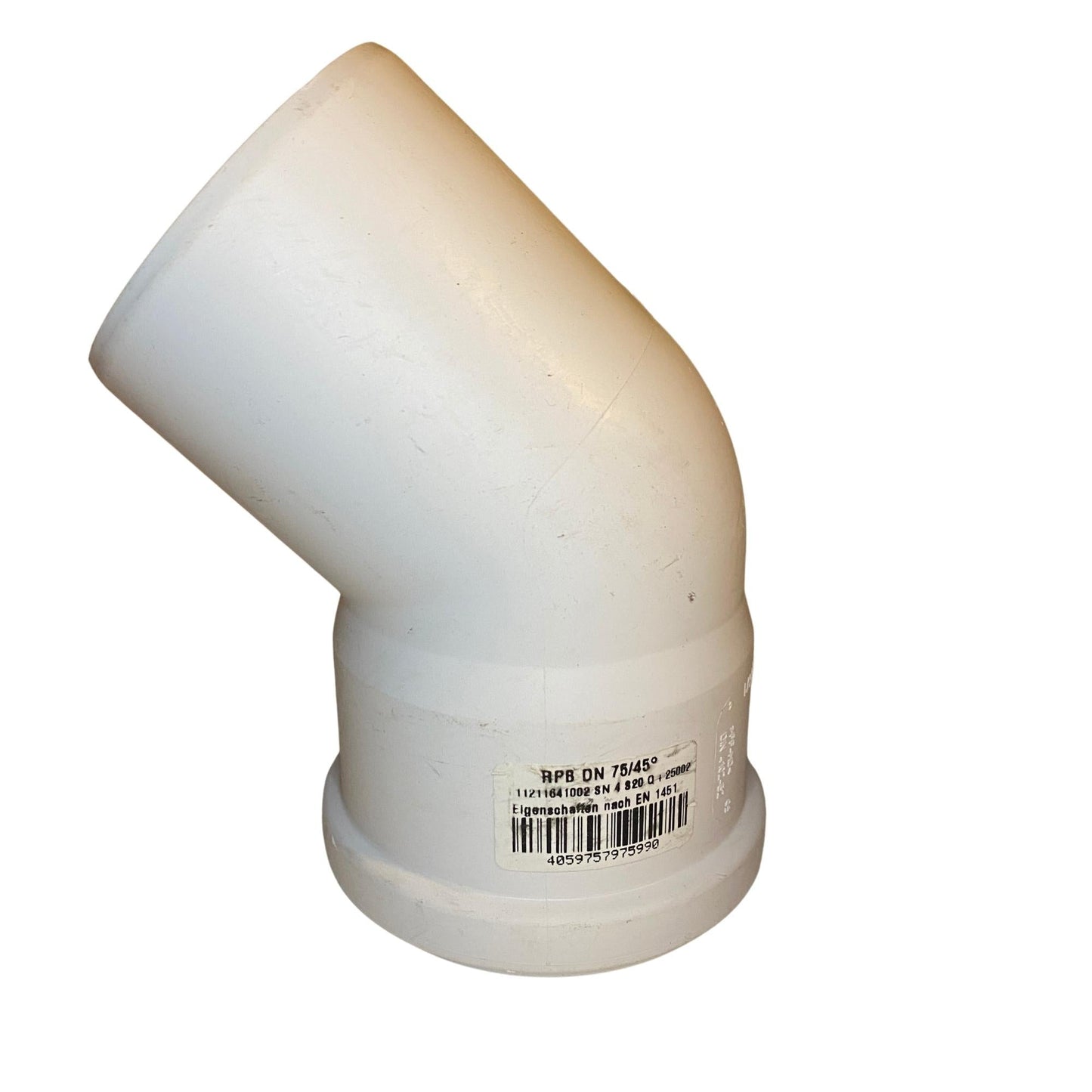 Rehau avloppsböj DN 75 45 grader vit sidovy