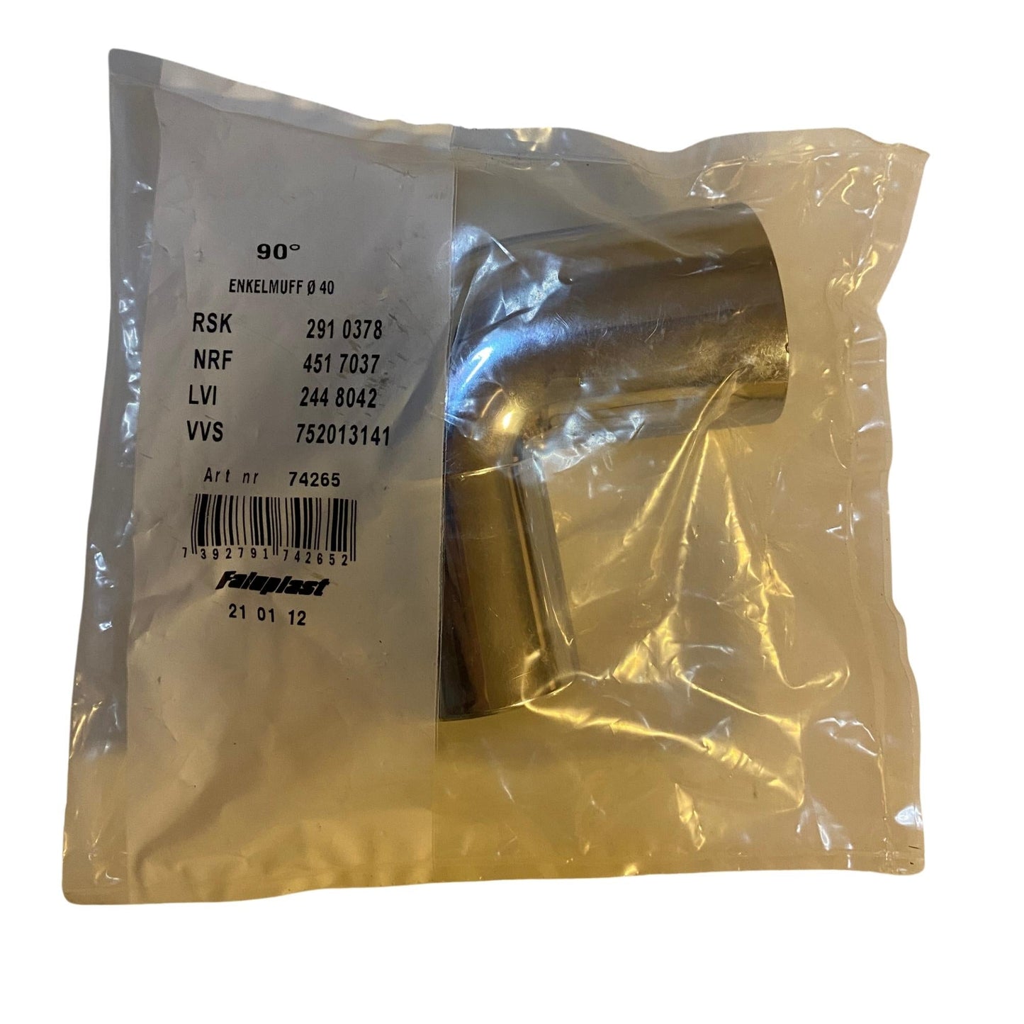 Faluplast rörvinkel 90° 40 mm krom med produktmärkning på förpackning