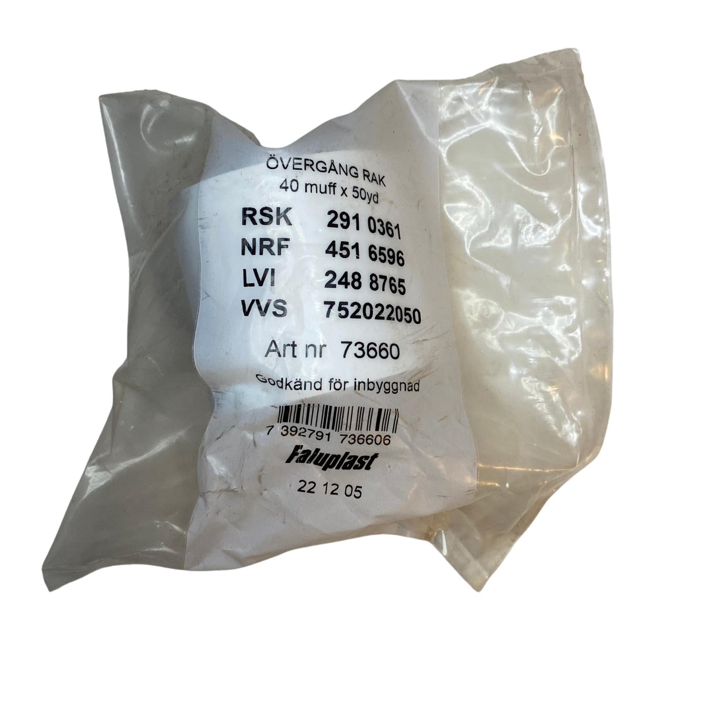 Faluplast rak övergång 40x50mm i vit PVC med muff i originalförpackning