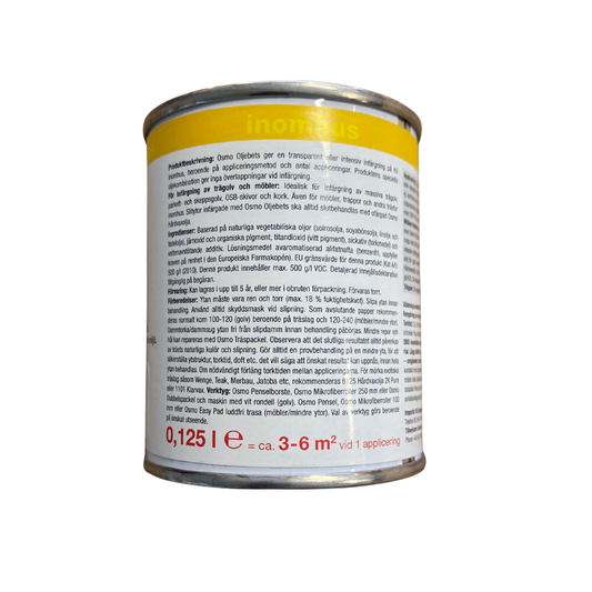 Burk Osmo Oljebets 3514 Grafit 0,125 liter, baksida med produktbeskrivning och ingredienser