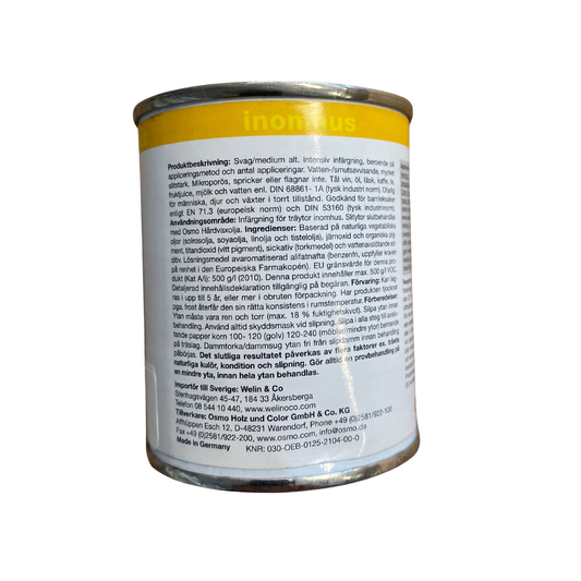Burk Osmo Oljebets 3538 Granat 0,125 liter, baksida med produktbeskrivning och ingredienser
