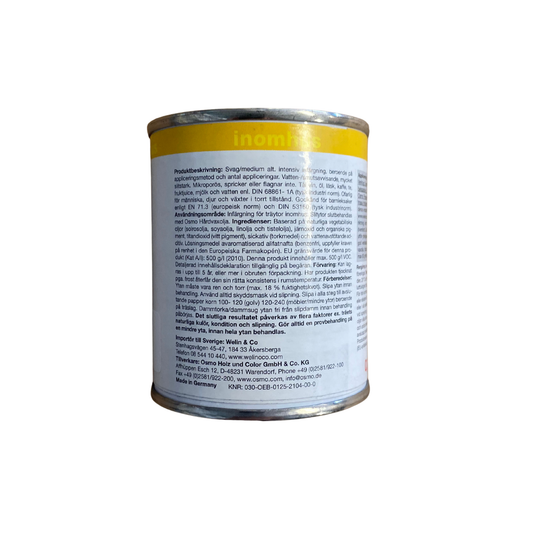 Burk Osmo Oljebets 3501 Vit 0,125 liter, baksida med produktbeskrivning och ingredienser