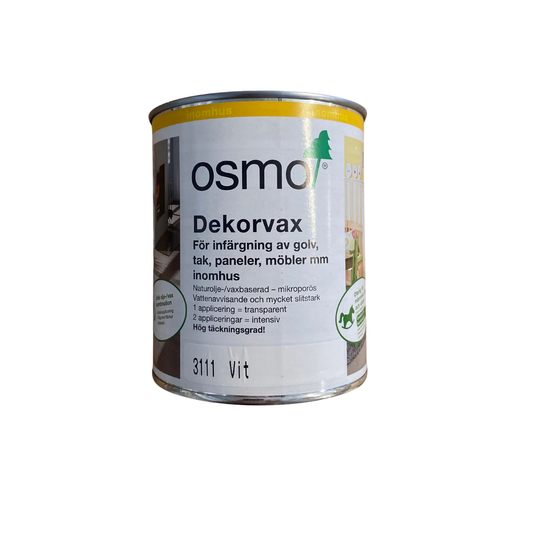 Burk Osmo Dekorvax 3111 Vit 0,75 liter, baksida med produktbeskrivning och ikoner