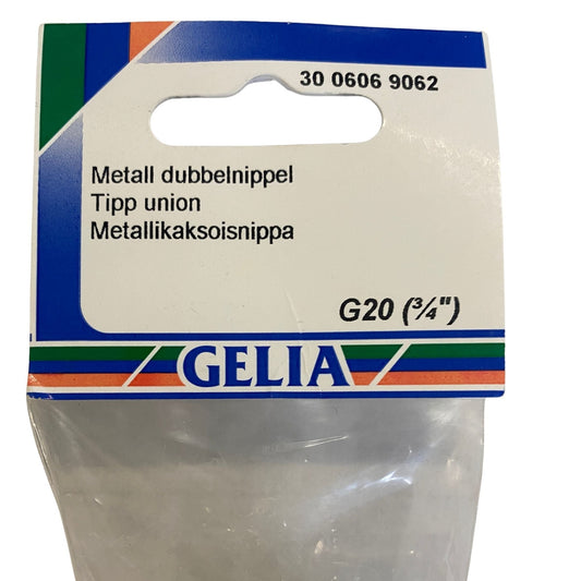 GELIA dubbelnippel G20 3/4" - närbild på förpackning