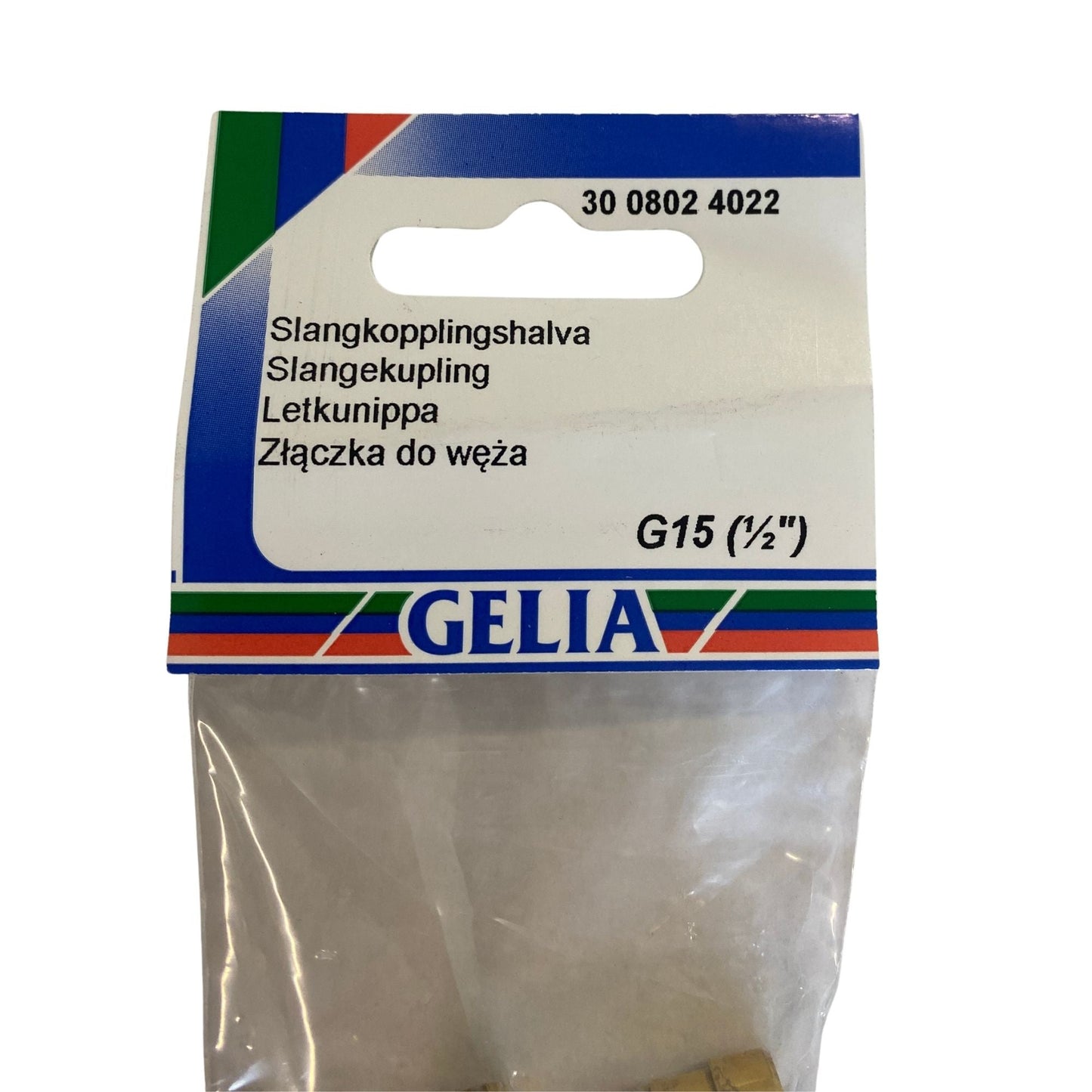 Slangkopplingshalva GELIA G15 ½ tum – etikett med artikelnummer 30 08024022