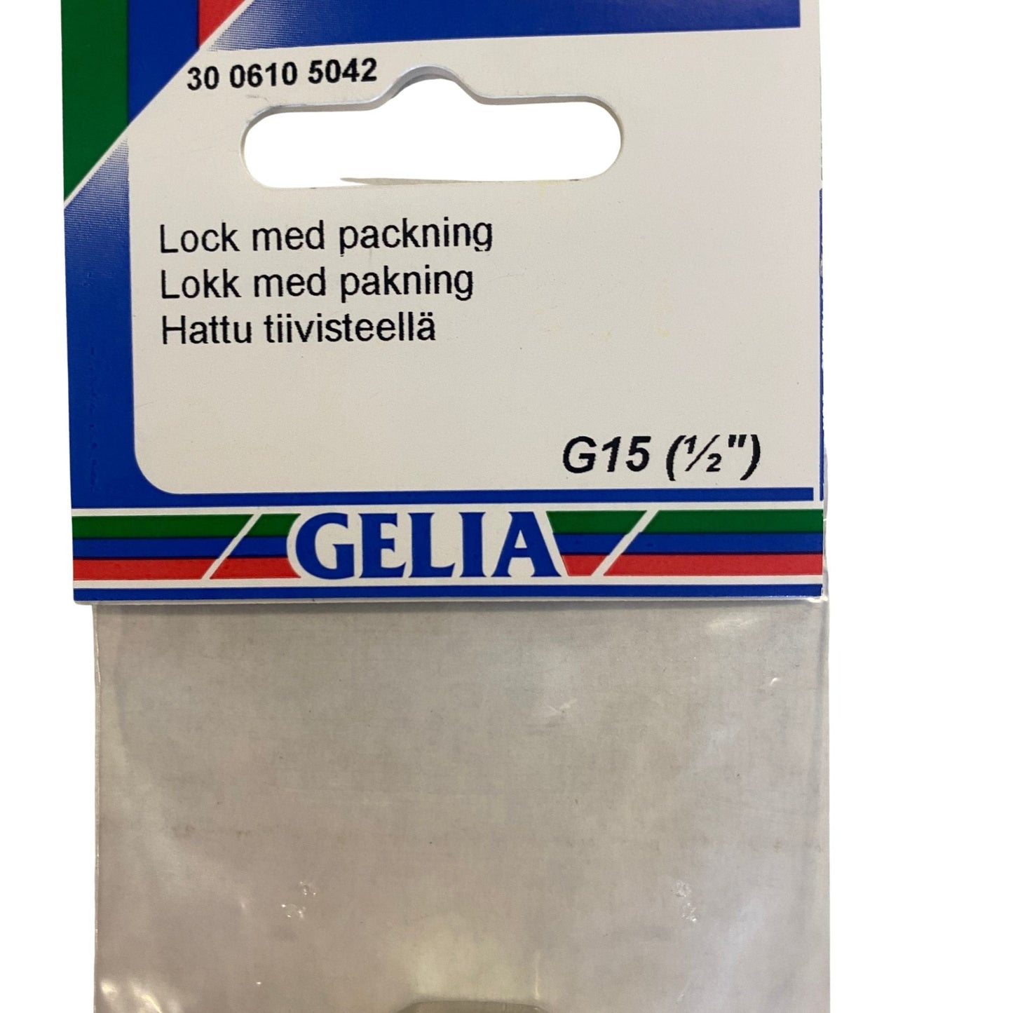 GELIA lock med packning G15 1/2" - närbild på förpackning