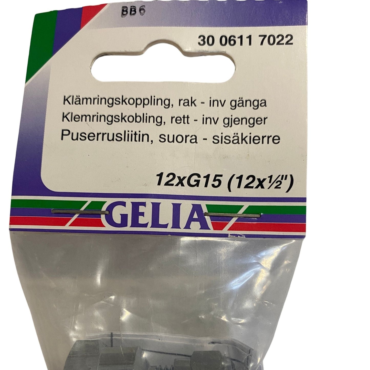Klämringskoppling GELIA 12×G15 rak, etikett med produktinformation och artikelnummer 30 0611 7022