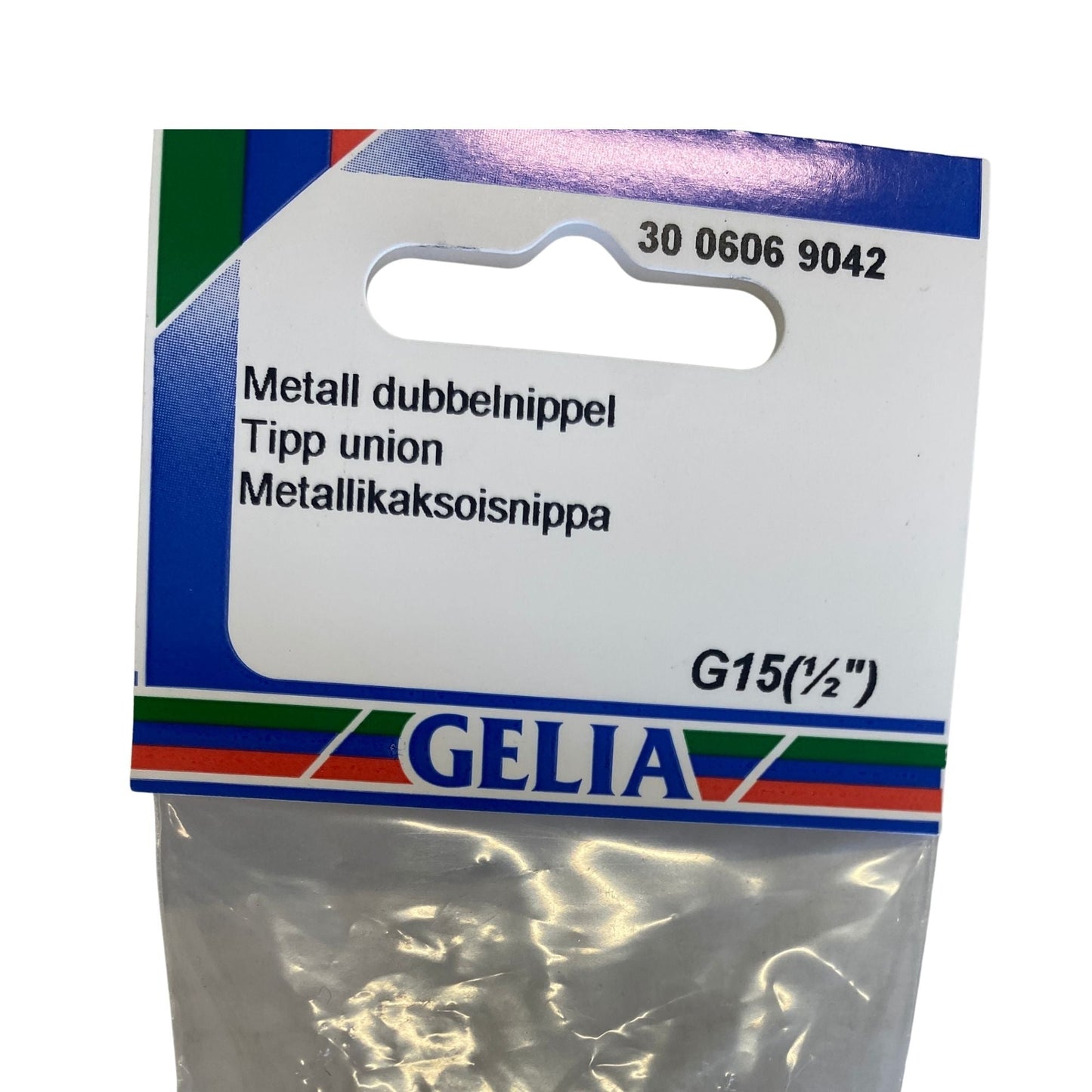 Dubbelnippel metall GELIA G15 närbild förpackning etikett