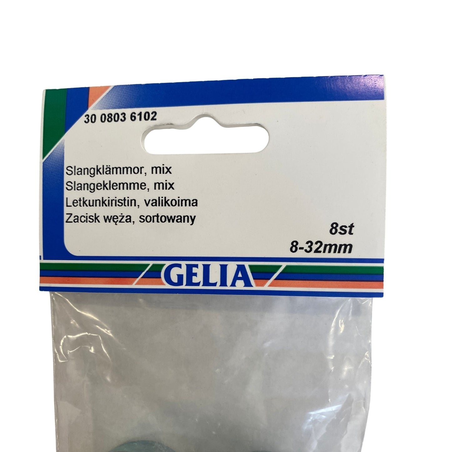 Slangklämmor GELIA mix 8-32mm - etikettsida med storleks- och antalangivelse