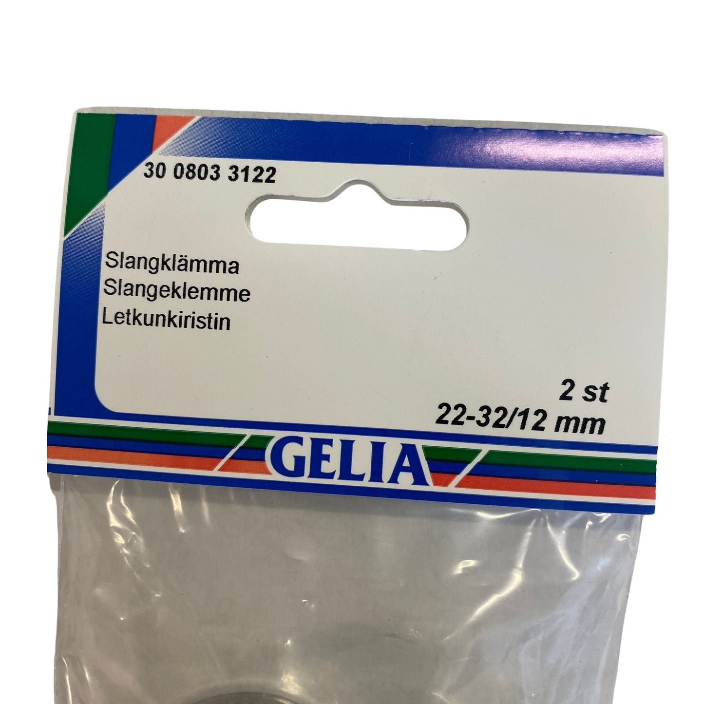 Slangklämma GELIA 22-32/12mm - etikettsida med storleks- och antalangivelse