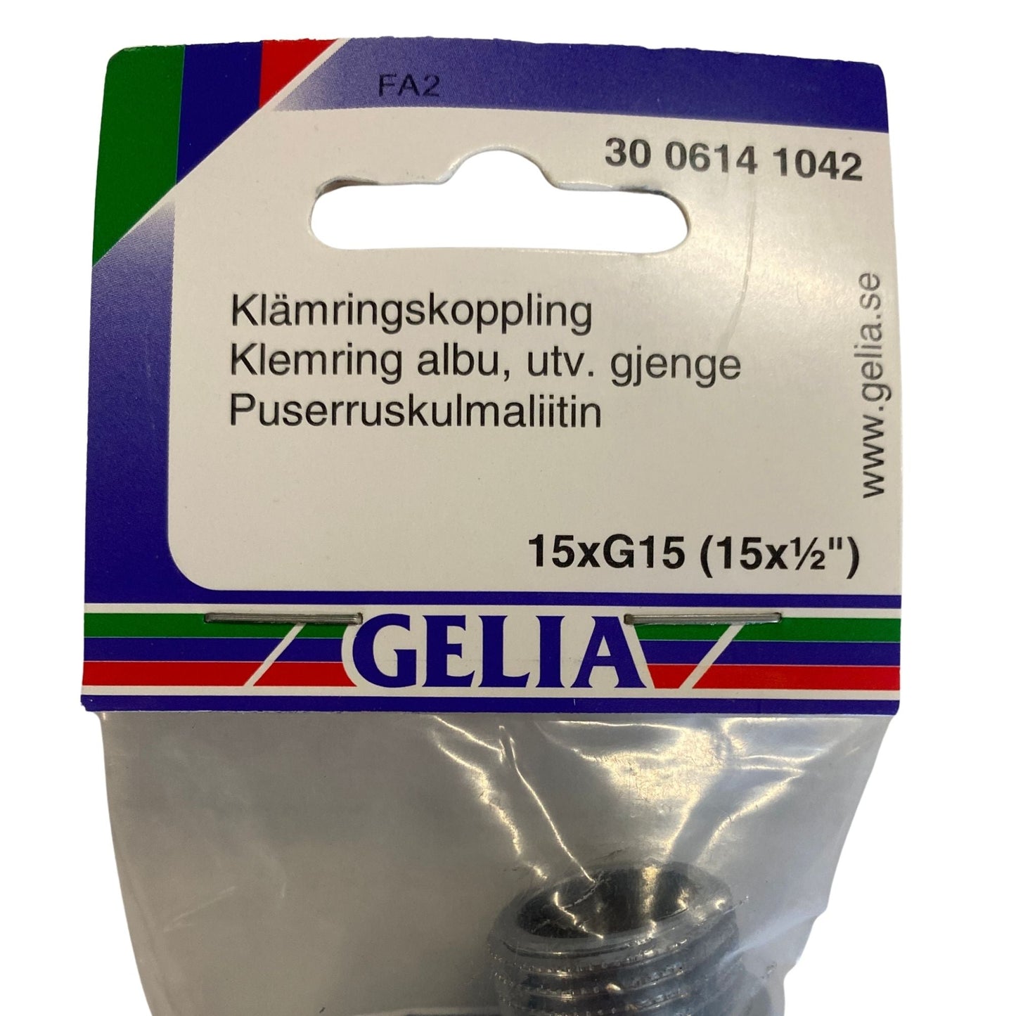 Klämringskoppling vinkel GELIA 15xG15 närbild förpackning etikett