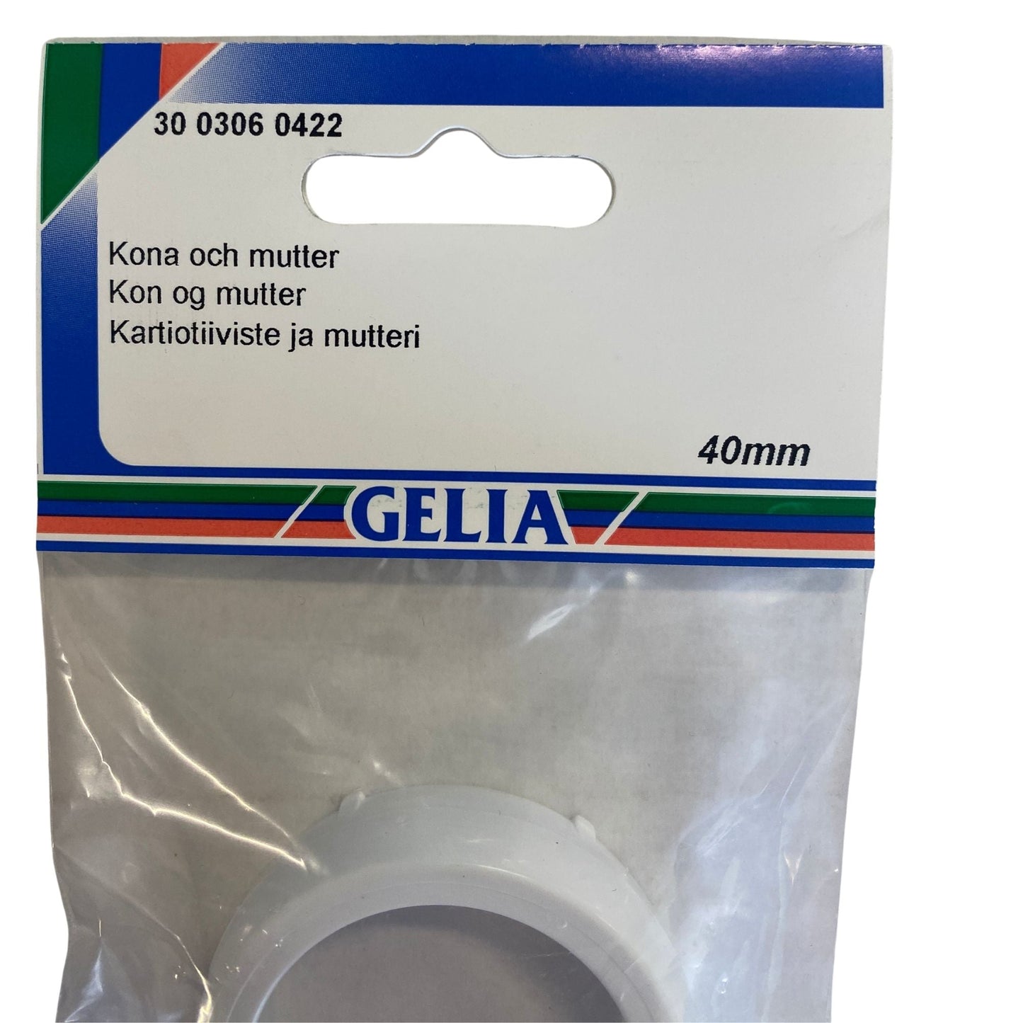 Kona och mutter GELIA 40mm vattenlås - etikettsida med dimensionsangivelse