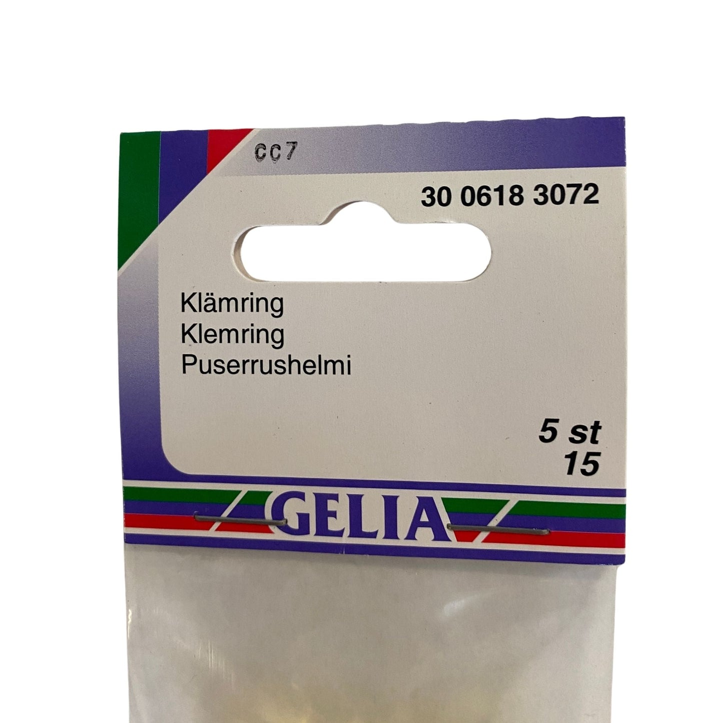 Klämring GELIA 15 mm – närbild på etikett med artikelnummer 30 0618 3072
