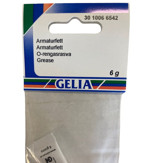 Armaturfett GELIA 6g silikonbaserat - etikettsida med innehållsangivelse