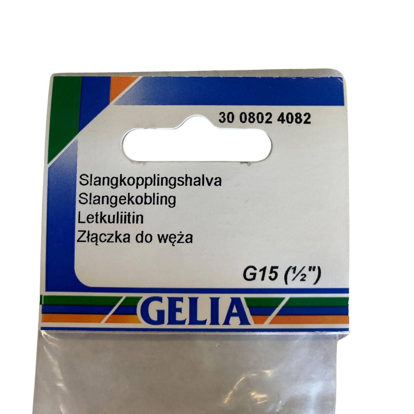 Slangkopplingshalva GELIA G15 (½") – närbild på etikett med artikelnummer 30 0802 4082