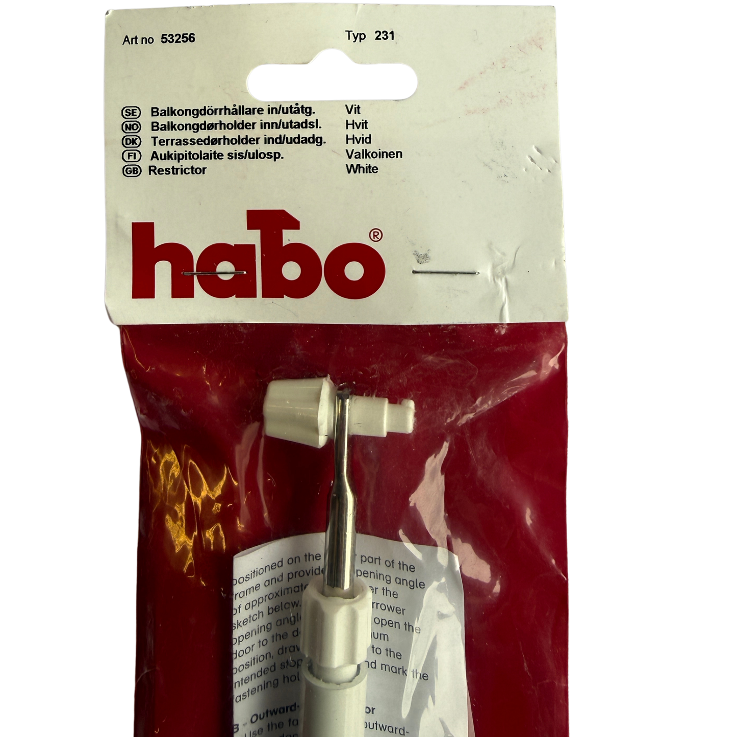 Framsida av förpackning med produktinformation för Habo balkongdörrhållare, artikelnummer 53256