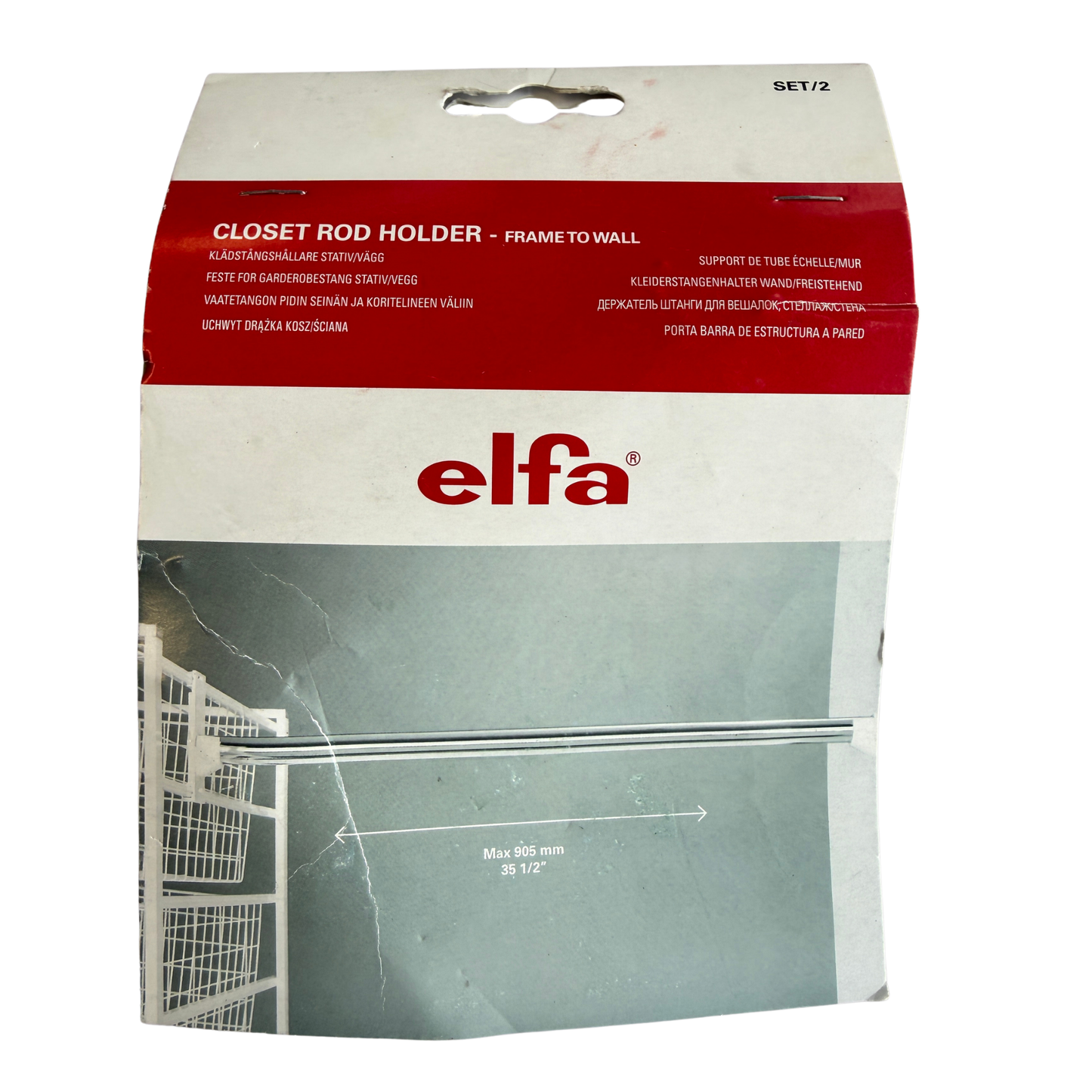 Förpackning med produktinformation för Elfa klädstångshållare, max 905 mm