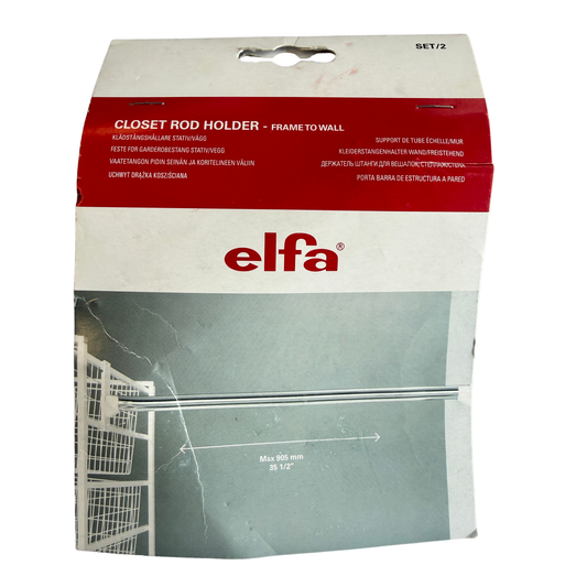 Förpackning med produktinformation för Elfa klädstångshållare, max 905 mm