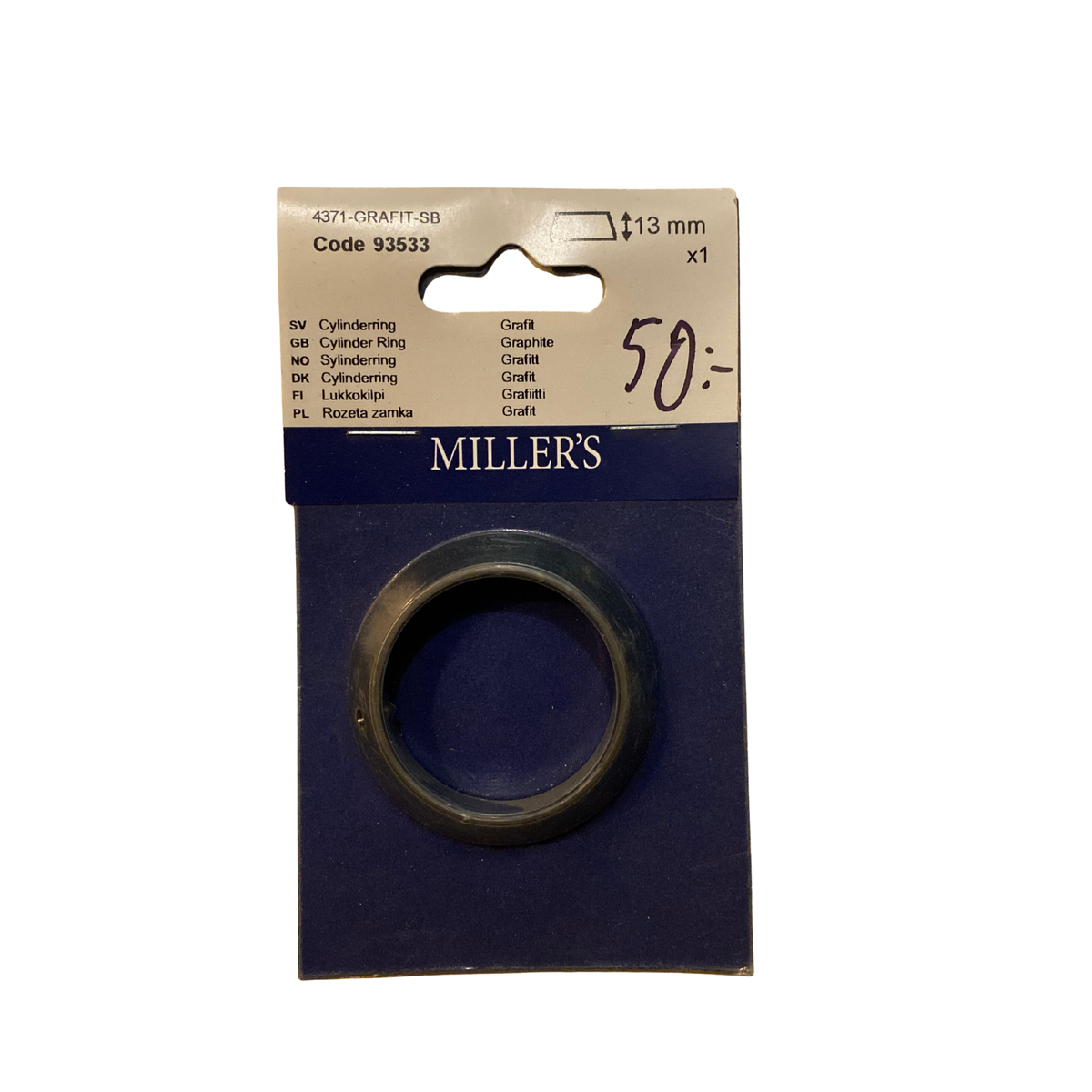 Cylinderring 13 mm grafit rund med avfasad profil i förpackning från Millers