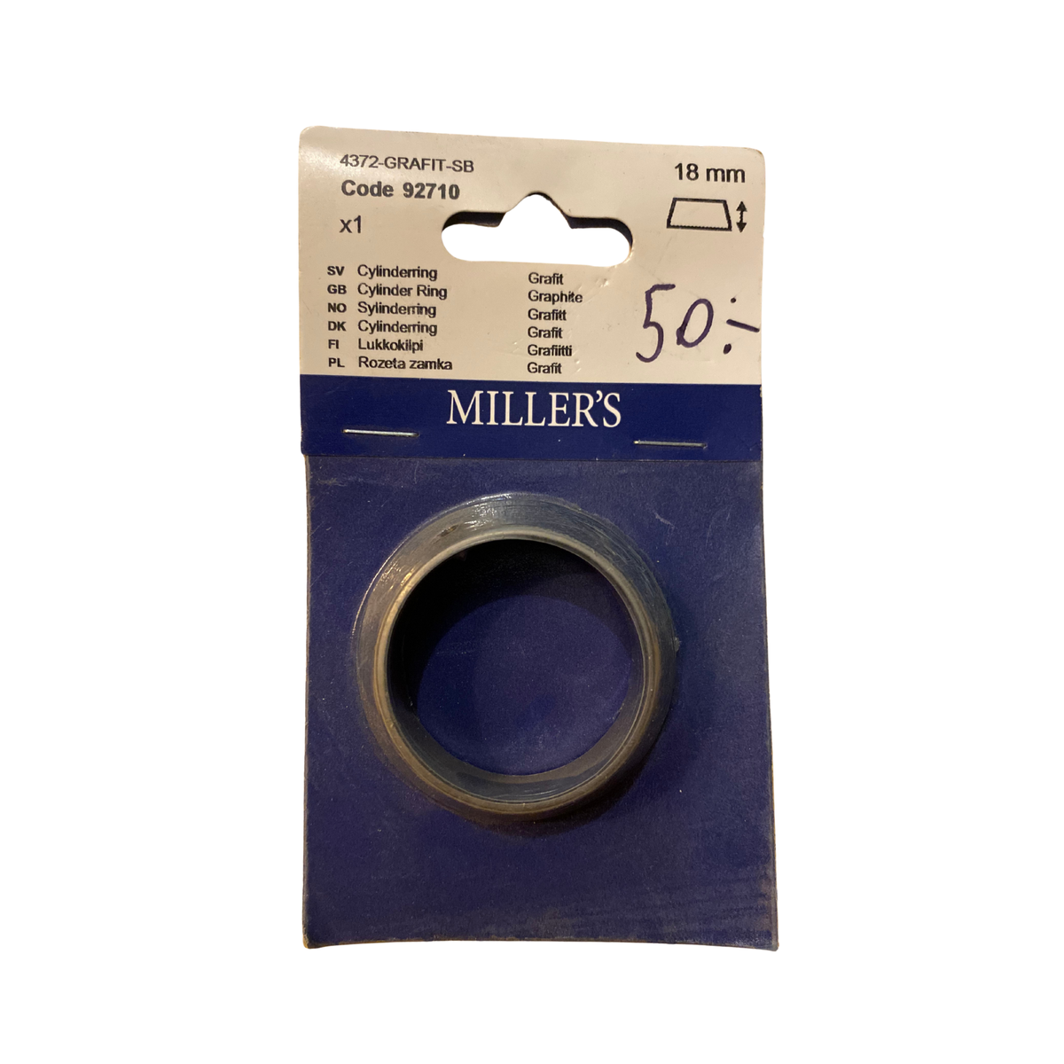 Cylinderring 18 mm grafit rund med avfasad profil i förpackning från Millers
