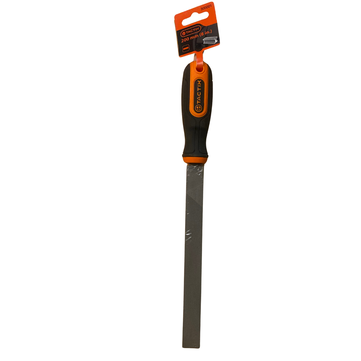 Flatfil 200 mm för metall med svart och orange handtag och hängetikett från Tactix