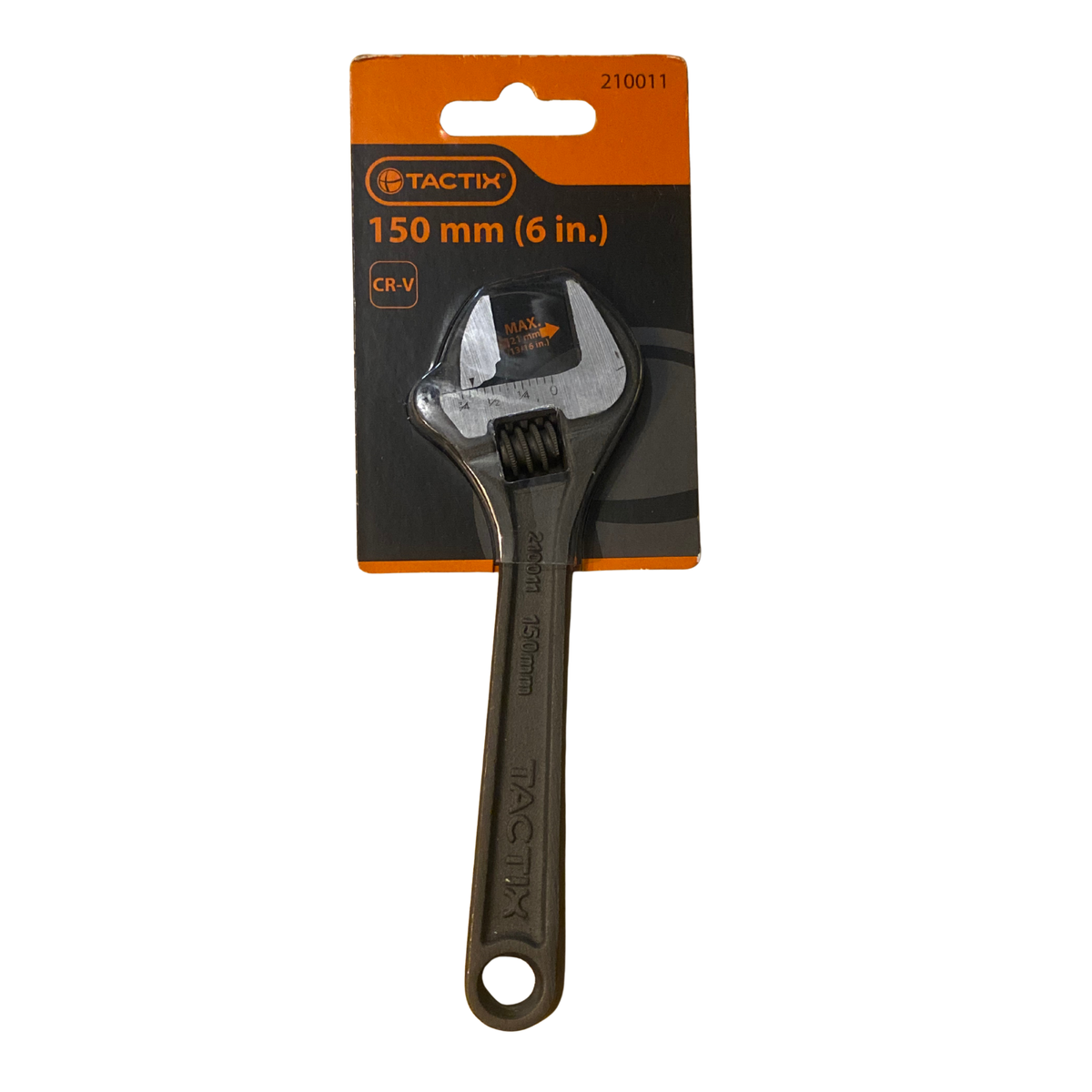 Skiftnyckel 150 mm i krom-vanadinstål med käftöppning max 21 mm och måttskala på förpackningskort från Tactix