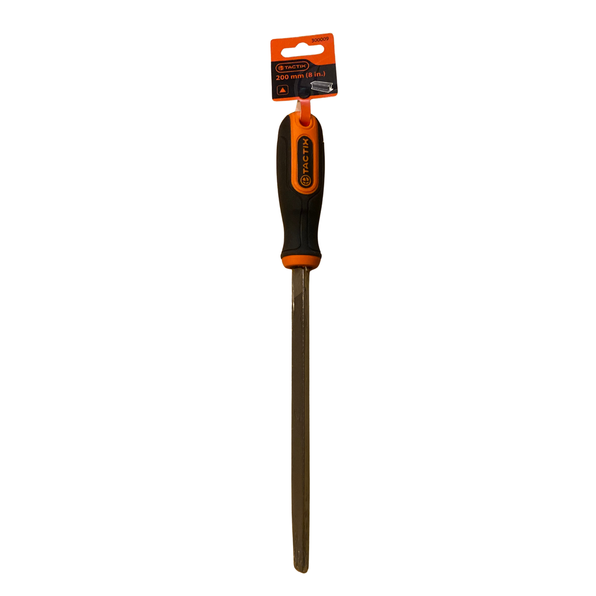 Trekantfil 200 mm för metall med svart och orange handtag och hängetikett från Tactix