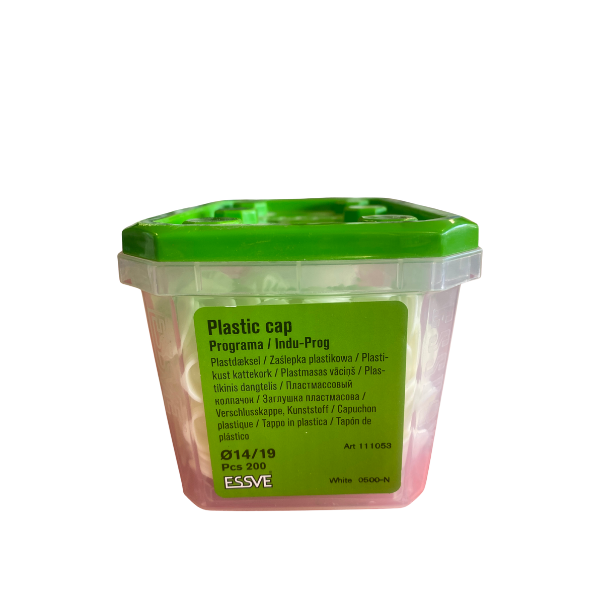 Plastlock Ø14/19 vit förvaringsask från sidan med produktetikett på flera språk