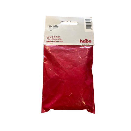 Plastfot vit 19 mm, baksida av förpackning med dimension, antal, NOBB och streckkod