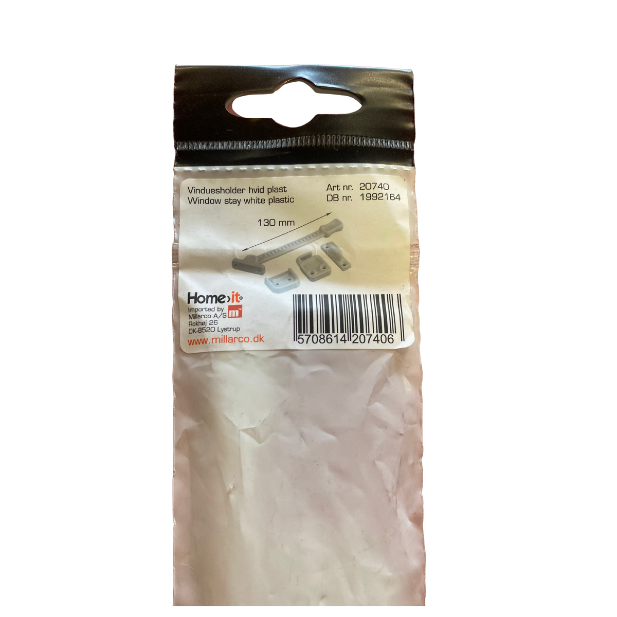 Vädringsbeslag vit plast 130 mm, baksida av förpackningen med måttskiss, artikelnummer och streckkod