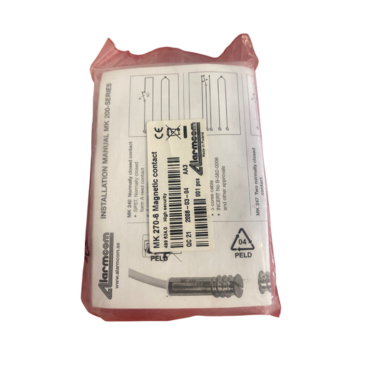 Baksida av förpackning med produktetikett och installationsmanual för magnetkontakt MK 270-6