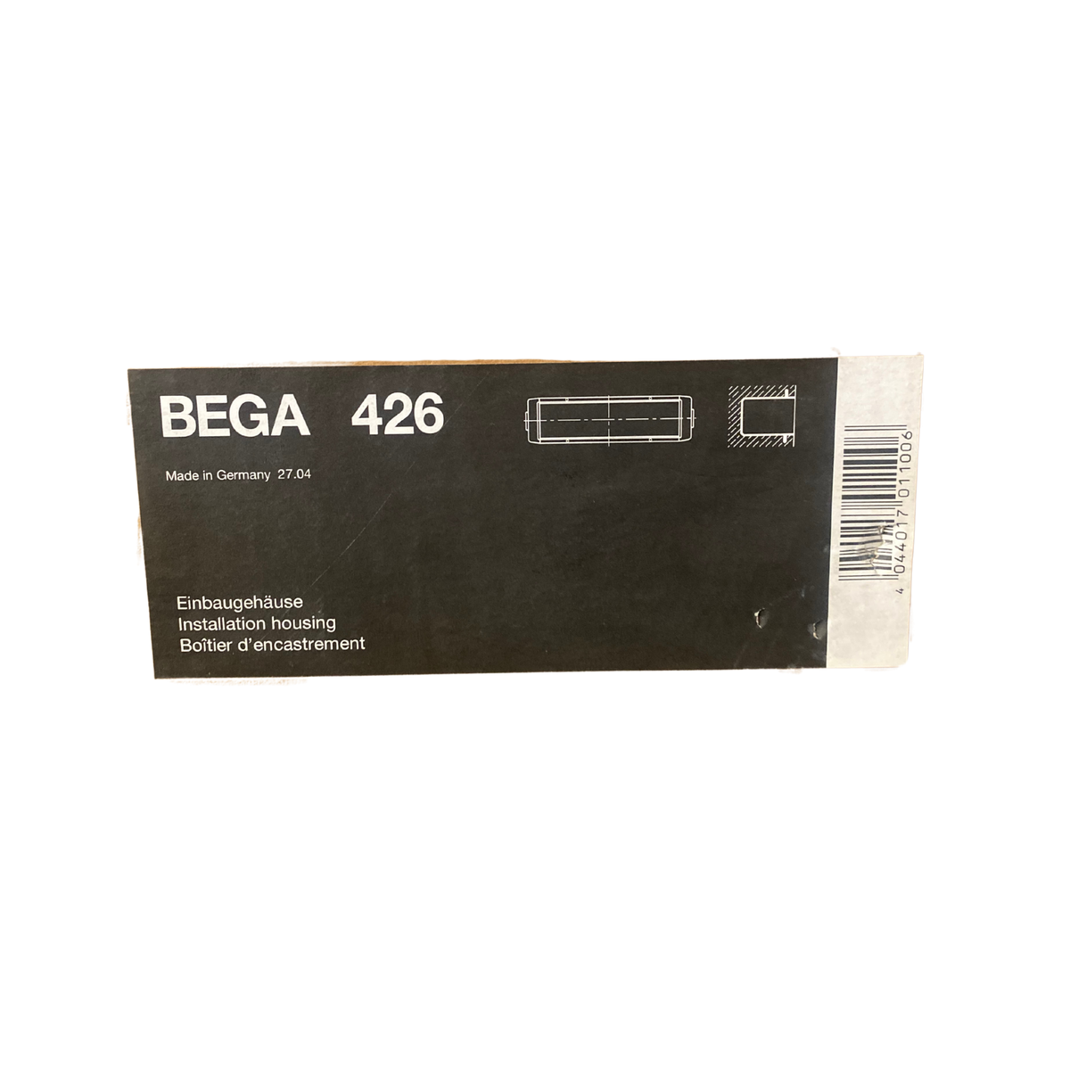Baksida av förpackning med måttritning och produktinformation för BEGA 426