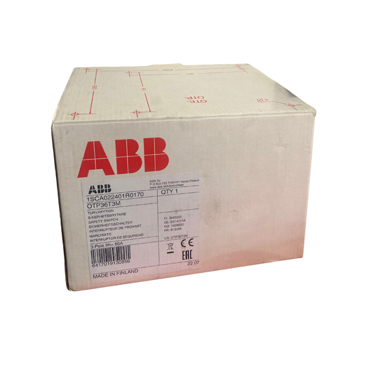 Förpackning för ABB OTP36T3M säkerhetsbrytare med produktetikett och specifikationer