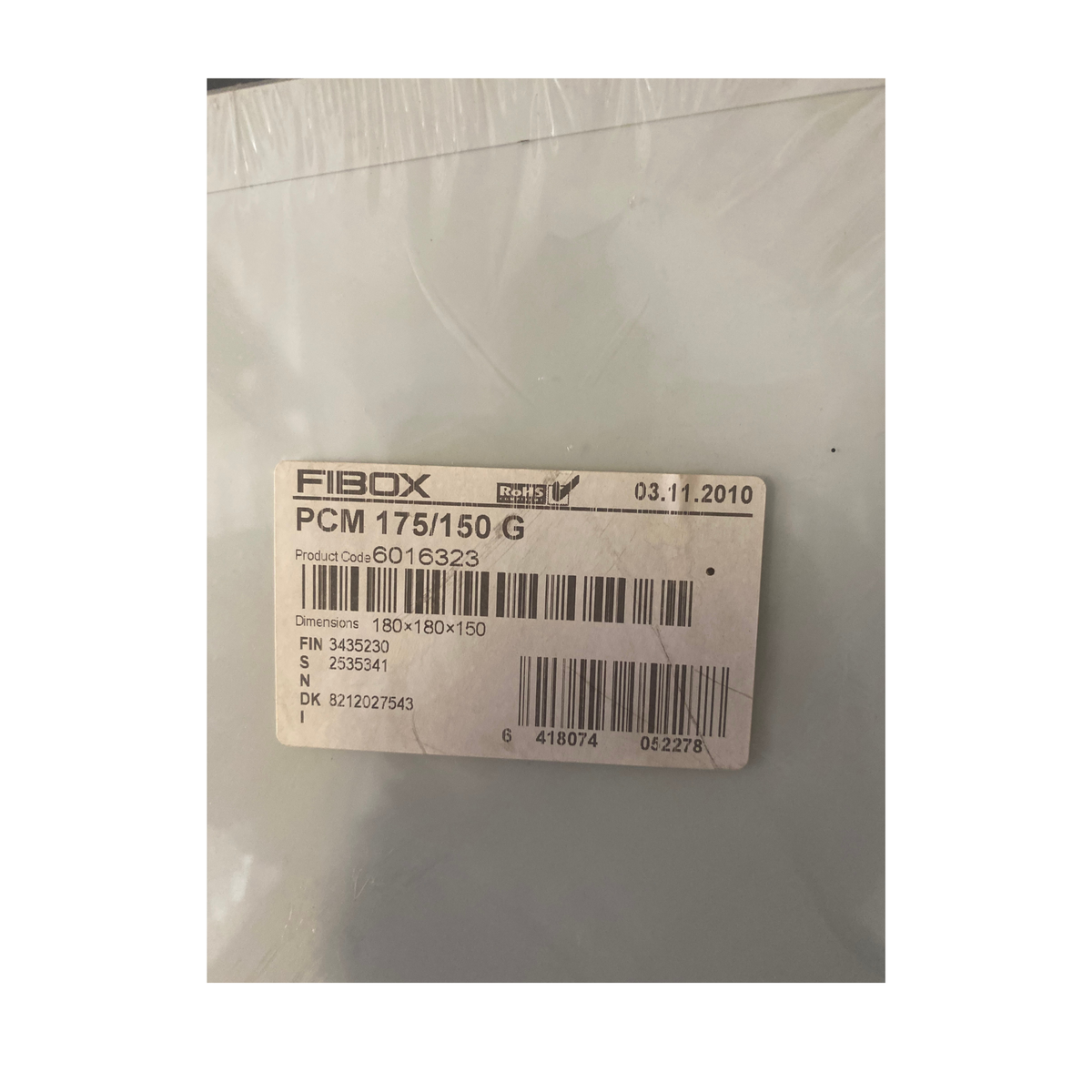 Produktetikett med artikelnummer och dimensioner för Fibox PCM 175/150 G