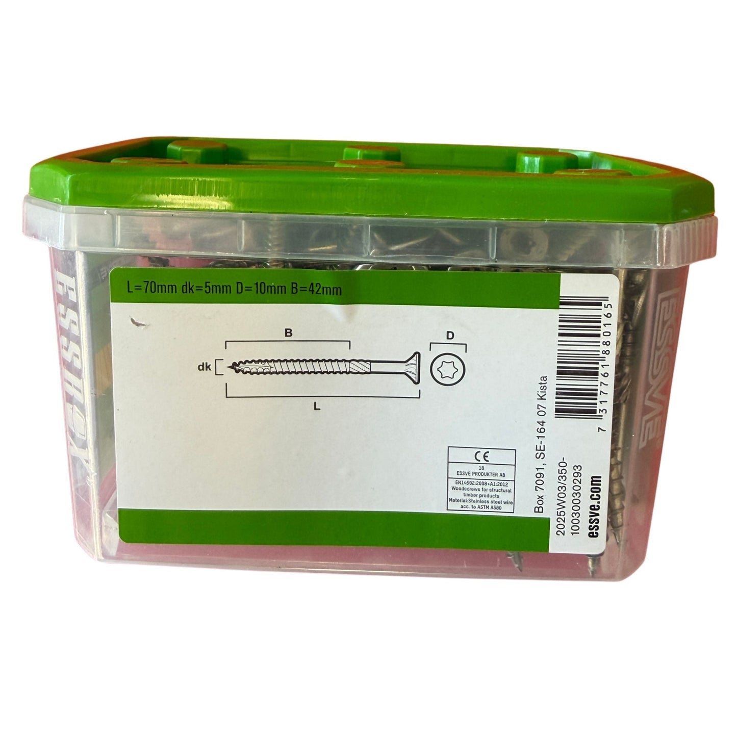 Träskruv ESSVE ESS Drive rostfri A4 5,0x70 mm, förpackning sida med måttuppgifter L, D, B och dk samt CE-märkning