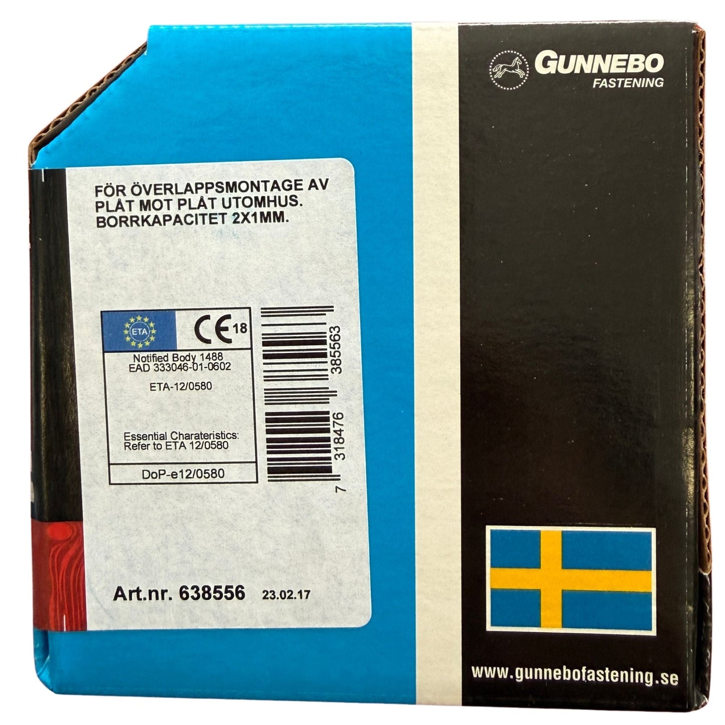 Farmarskruv Gunnebo förpackning sida med CE-märkning, ETA-godkännande och artikelnummer 638556
