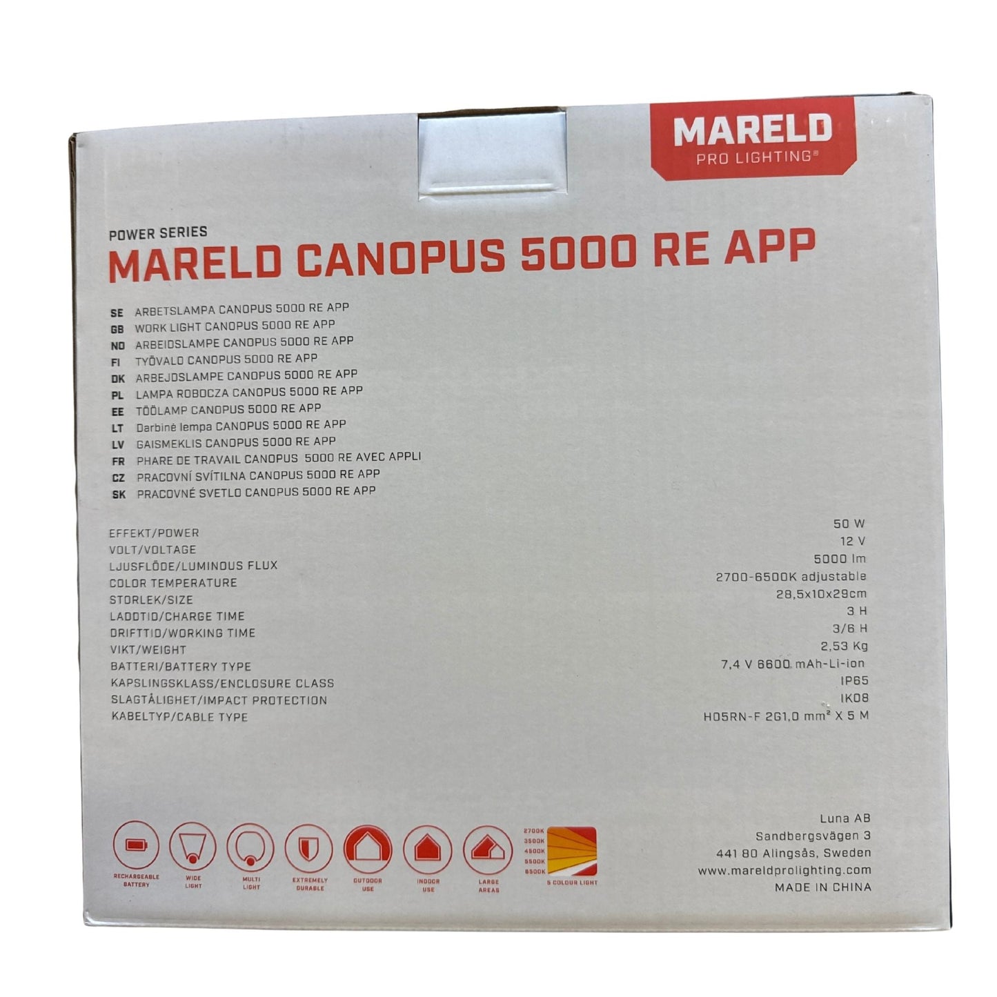 Mareld Canopus 5000 RE APP arbetslampa tekniska specifikationer på förpackningens baksida
