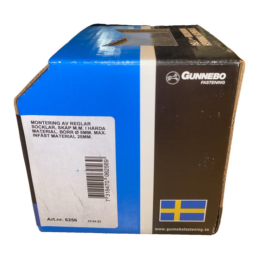 Spikplugg Gunnebo Fastening etikett med monteringsanvisning och art.nr 6256