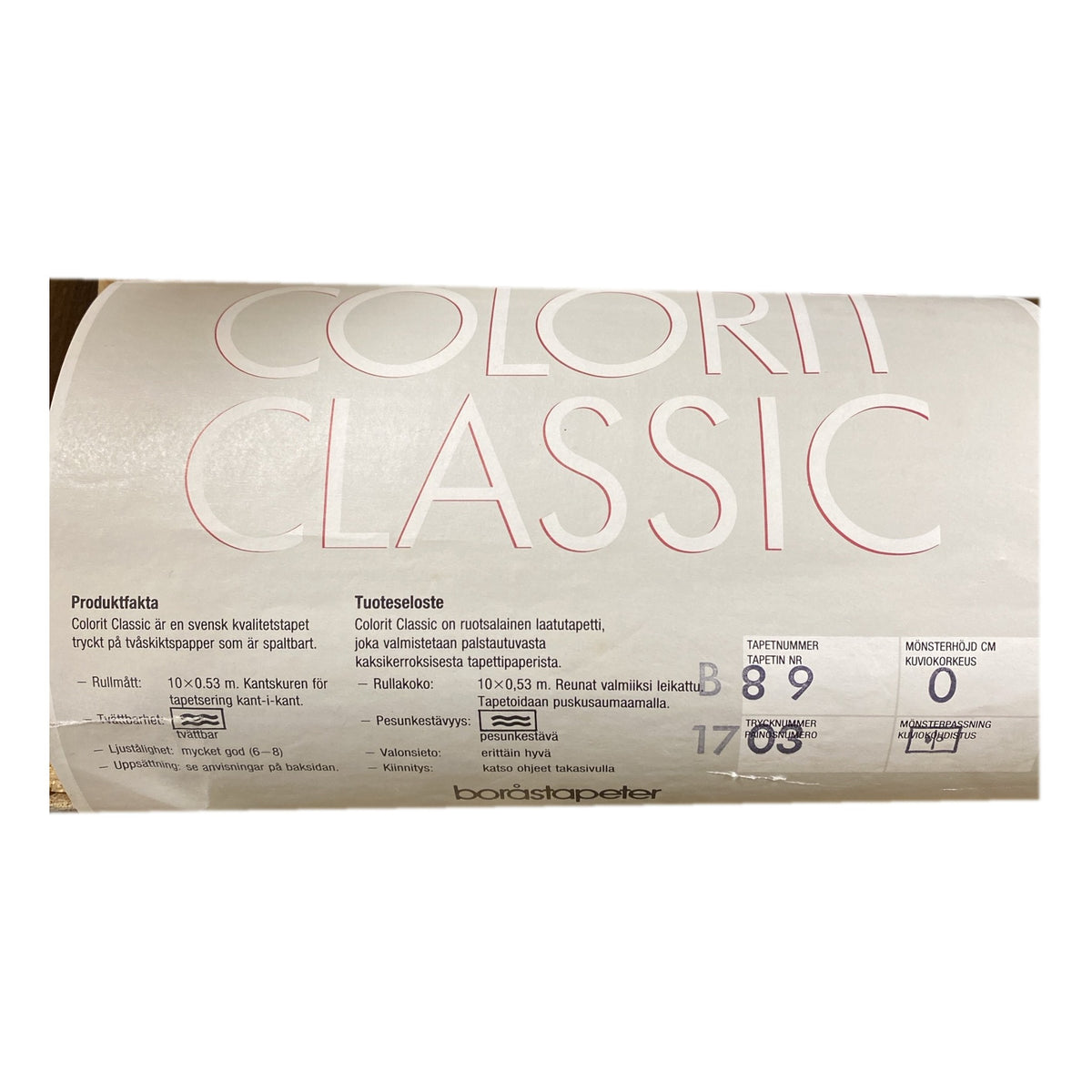Tapetrulle Colorit Classic B89 med etikett från Borås Tapeter