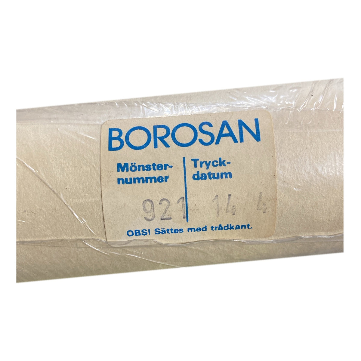 Tapetrulle Borosan 921 etikett med tryckdatum 14/4