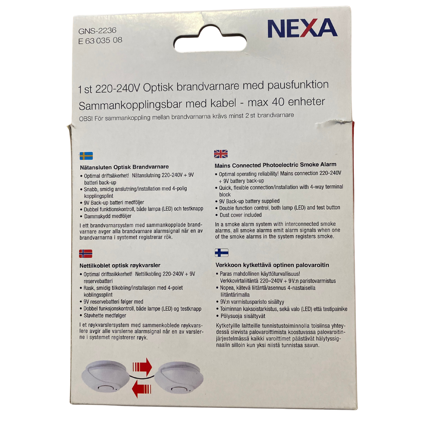 Baksida av Nexa-förpackning med produktbeskrivning på flera språk