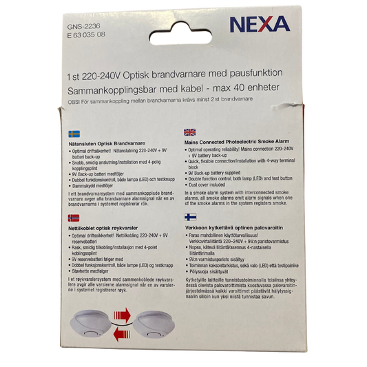 Baksida av Nexa-förpackning med produktbeskrivning på flera språk
